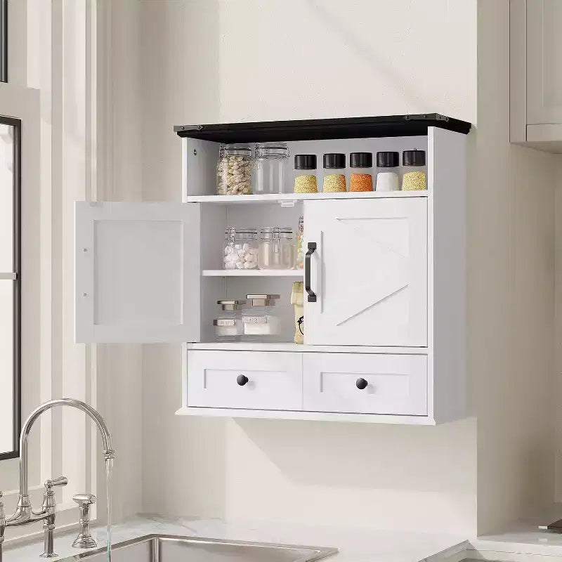 25x23.6 Inch Farmhouse Wall Mount Medicine Cabinet with Barn Door & Adjustable Shelves - White Storage for Bathroom Kitchen