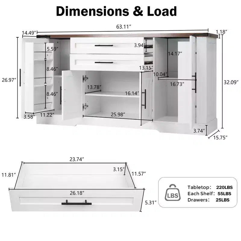 Meuble de rangement de ferme en MDF avec portes coulissantes et tiroirs 160 cm (L) x 81 cm (H)