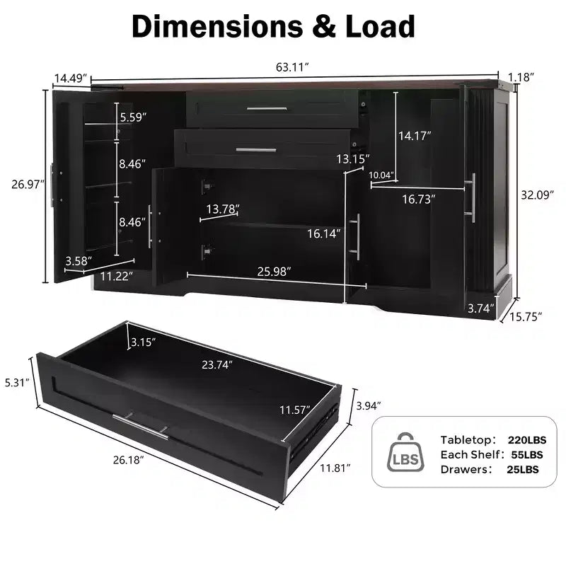Meuble de rangement de ferme en MDF avec portes coulissantes et tiroirs 160 cm (L) x 81 cm (H)