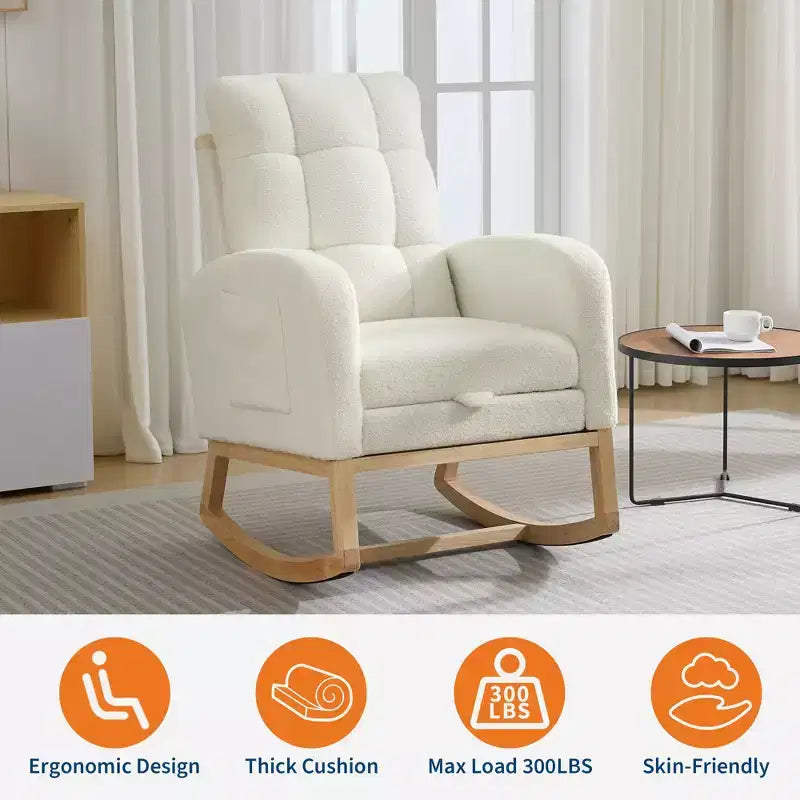 Fauteuil à bascule en bois avec revêtement en lin, repose-pieds et pochette latérale