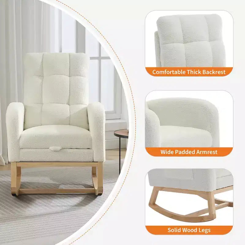 Fauteuil à bascule en bois avec revêtement en lin, repose-pieds et pochette latérale