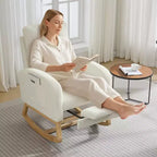 Fauteuil à bascule en bois avec revêtement en lin, repose-pieds et pochette latérale