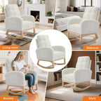 Fauteuil à bascule en bois avec revêtement en lin, repose-pieds et pochette latérale