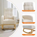 Fauteuil à bascule en bois avec revêtement en lin, repose-pieds et pochette latérale