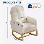 Fauteuil à bascule en bois avec revêtement en lin, repose-pieds et pochette latérale