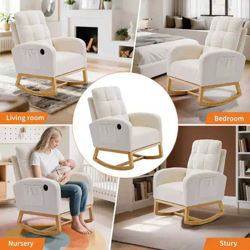 Fauteuil à bascule en bois avec revêtement en lin, repose-pieds et pochette latérale