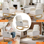 Fauteuil à bascule en bois avec revêtement en lin, repose-pieds et pochette latérale