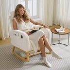 Fauteuil à bascule en bois avec revêtement en lin, repose-pieds et pochette latérale