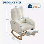 Fauteuil à bascule en bois avec revêtement en lin, repose-pieds et pochette latérale