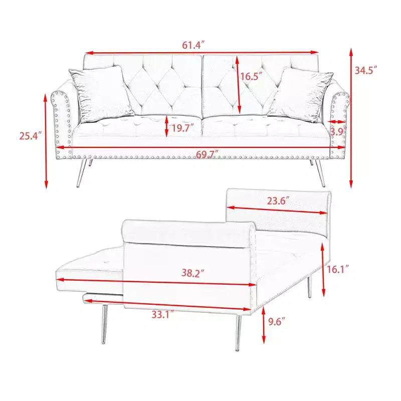 Canapé convertible en bois et velours 177cm L x 87.6cm H