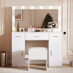 GustoWave 45 Vanity Desk with Large Mirror, White Makeup Table with 3 Drawers & 2 Cabinets, Hidden Storage Stool for Bedroom