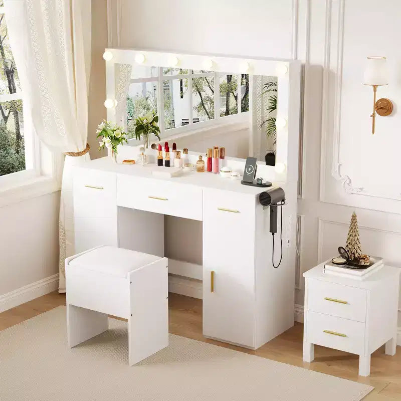 Coiffeuse en MDF 114 cm avec miroir et tabouret de rangement, blanc