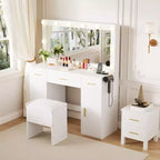 Coiffeuse en MDF 114 cm avec miroir et tabouret de rangement, blanc
