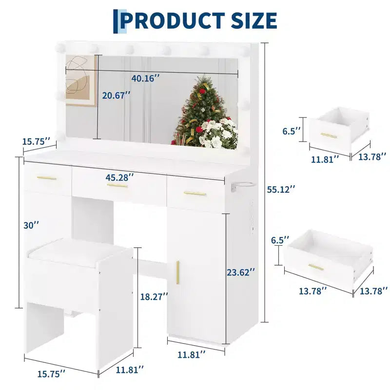 Coiffeuse en MDF 114 cm avec miroir et tabouret de rangement, blanc