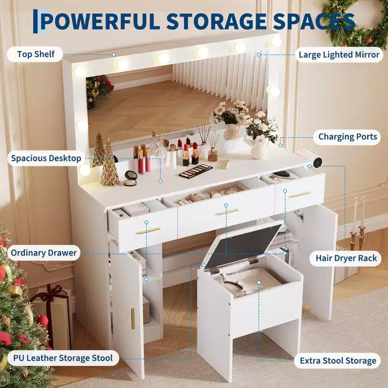 Coiffeuse en MDF 114 cm avec miroir et tabouret de rangement, blanc