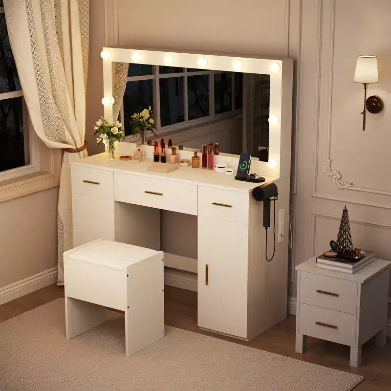 Coiffeuse en MDF 114 cm avec miroir et tabouret de rangement, blanc