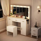Coiffeuse en MDF 114 cm avec miroir et tabouret de rangement, blanc