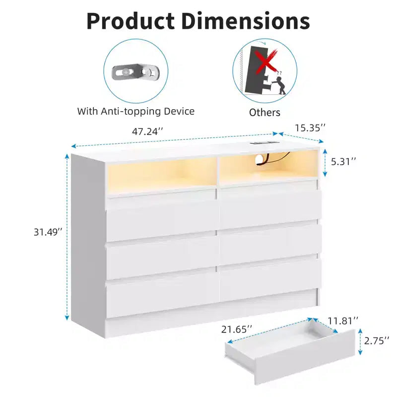 Commode à 6 tiroirs en MDF avec bande LED et prises électriques 60 cm (l) x 98 cm (H)