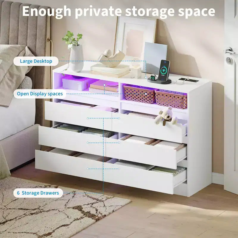Commode à 6 tiroirs en MDF avec bande LED et prises électriques 60 cm (l) x 98 cm (H)