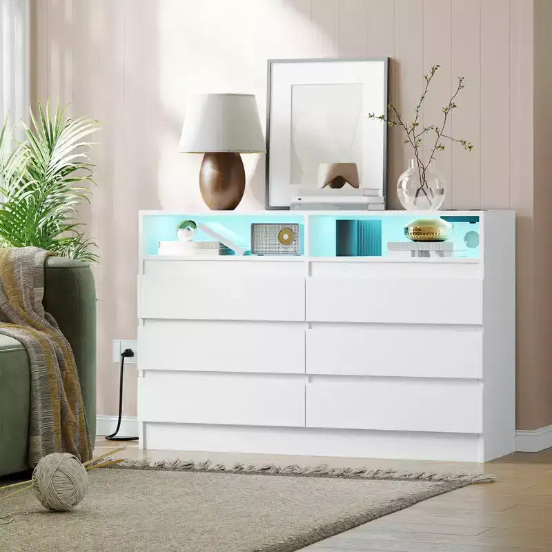 Commode à 6 tiroirs en MDF avec bande LED et prises électriques 60 cm (l) x 98 cm (H)