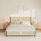 Queen Size Boho Rattan Bed Frame, Natural Rattan Headboard & Footboard, Metal Slats, Underbed Storage, Noise-Free, No Box Spring Needed