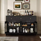 55 Buffet Cabinet Sideboard, Modern Coffee Bar with Arched Acrylic Fluted Doors, 3 Drawers & Adjustable Shelves for Dining & Living Room,Black
